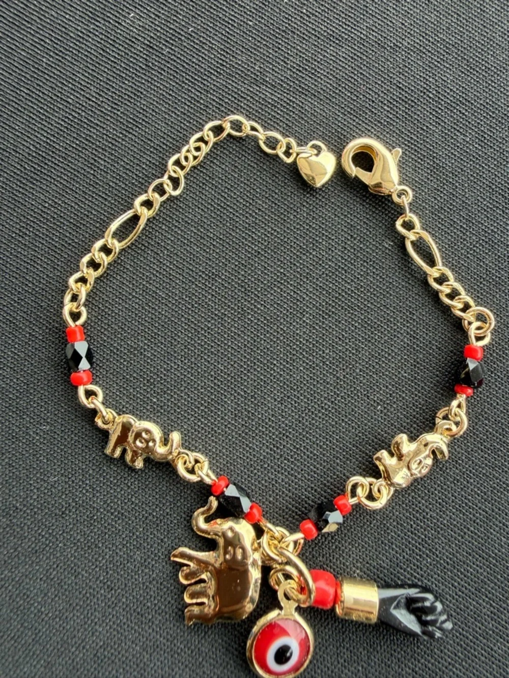 7in Baby AZABACHE Oro Laminado 18K EVIL EYE MANO Gold Elephant Charm Bracelet